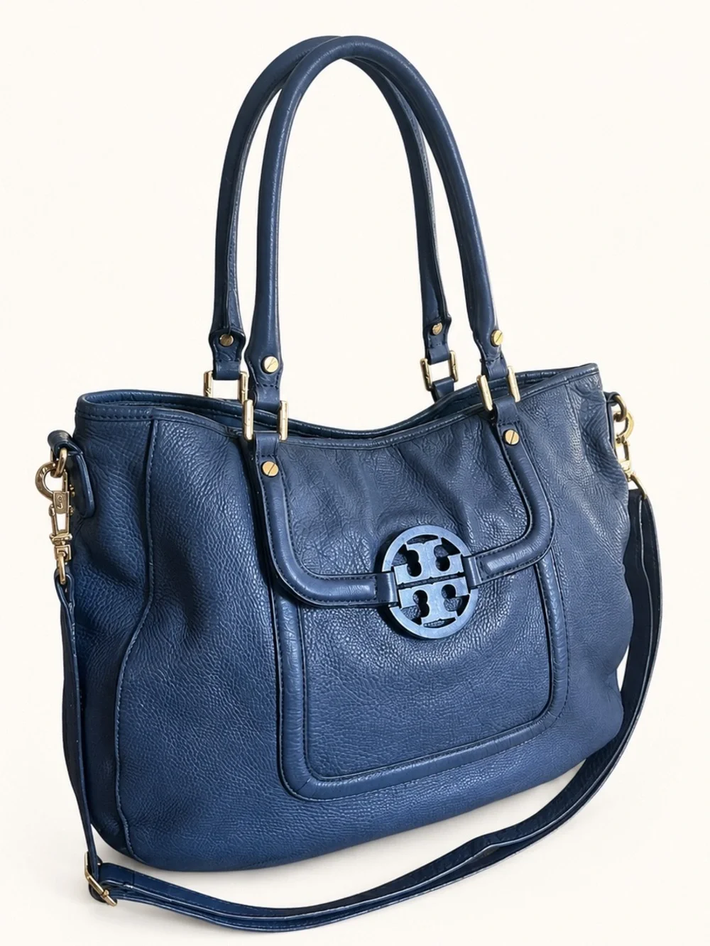 Tory Burch Amanda Classic Handle Blue Leather Hobo Crossbody Bag